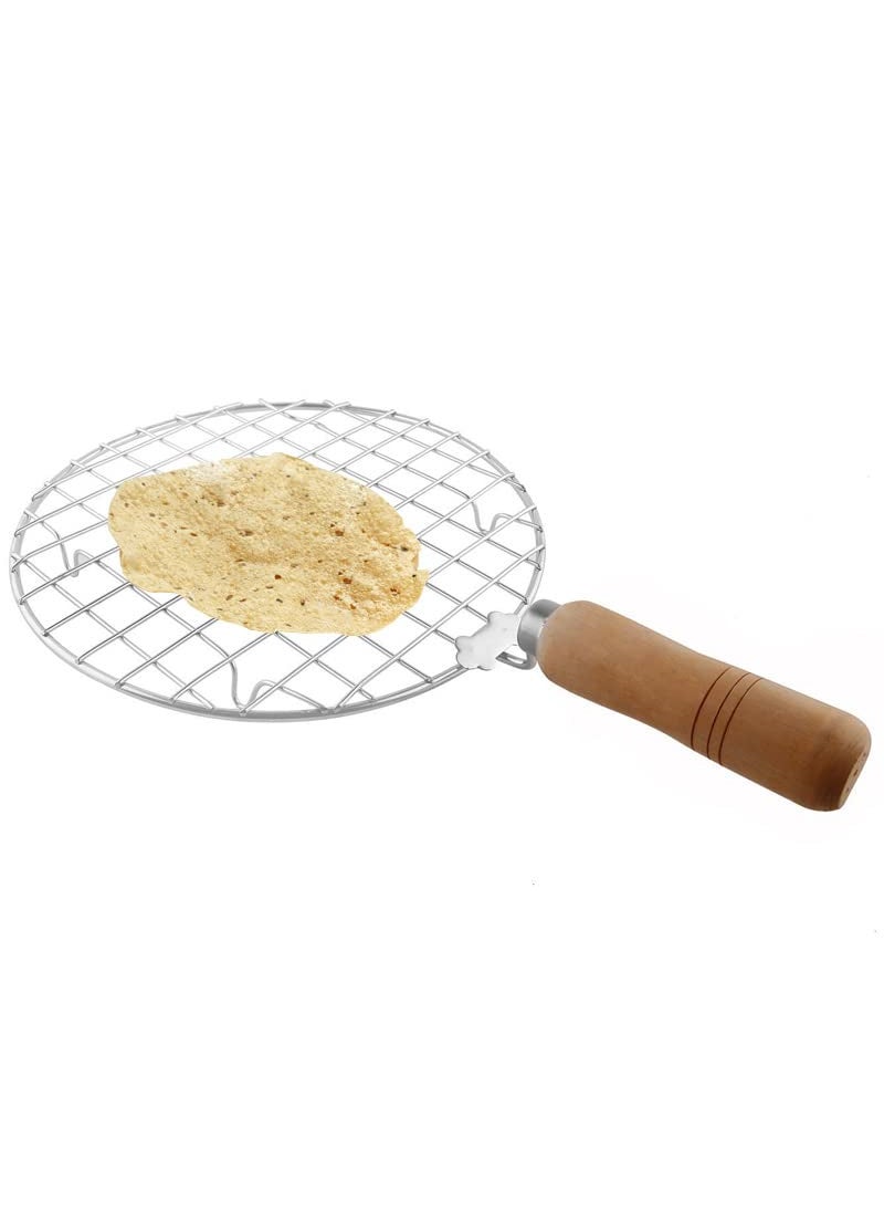 IVAAN IVAAN Shourya Trading Round Stainless Steel Wire Roaster with Wooden Handle with Roasting Net PapadRoti Jali Length 14 Height 08 Width9 Inch  - Image 1