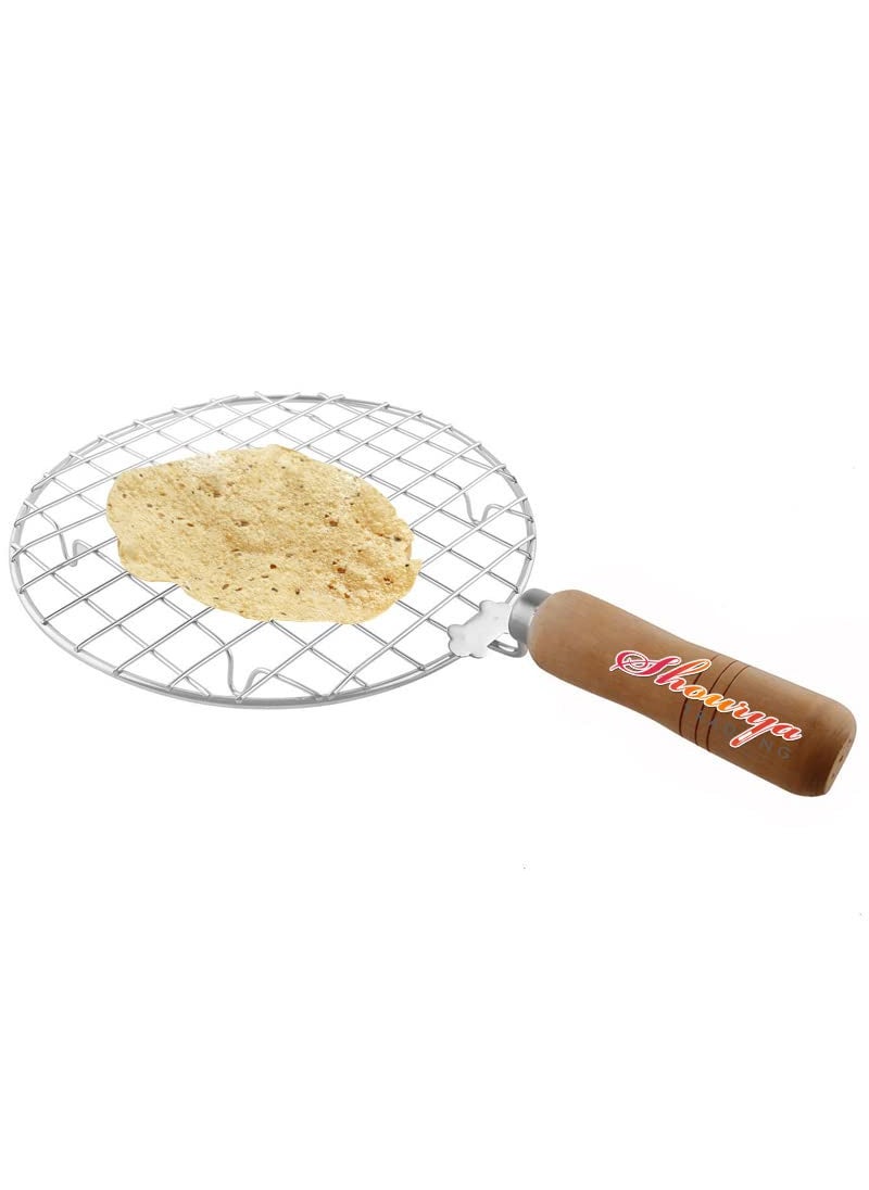 IVAAN IVAAN Shourya Trading Round Stainless Steel Wire Roaster with Wooden Handle with Roasting Net PapadRoti Jali Length 14 Height 08 Width9 Inch  - Image 3