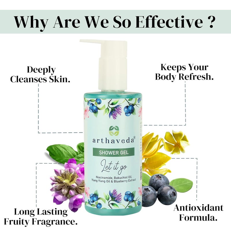 Arthaveda Shower Gel Let it Go Infused with Niacinamide Bakuchiol oil Ylang ylang oil and Blueberry Extract Paraben SLS Free 330 ml - Image 2