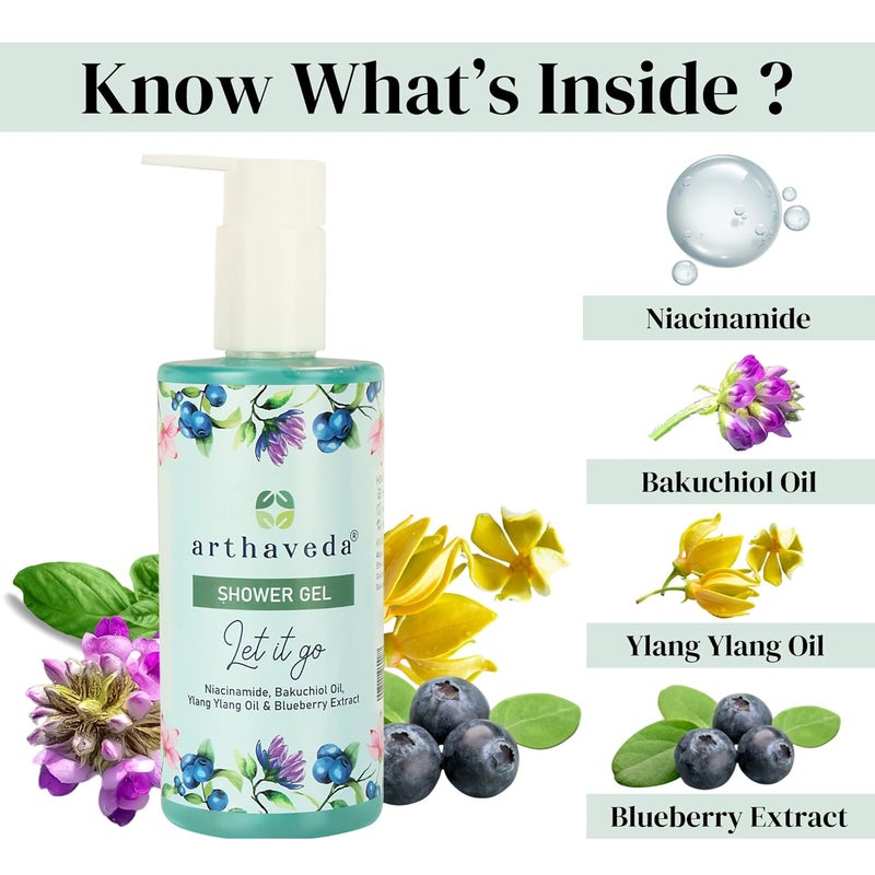 Arthaveda Shower Gel Let it Go Infused with Niacinamide Bakuchiol oil Ylang ylang oil and Blueberry Extract Paraben SLS Free 330 ml - Image 4