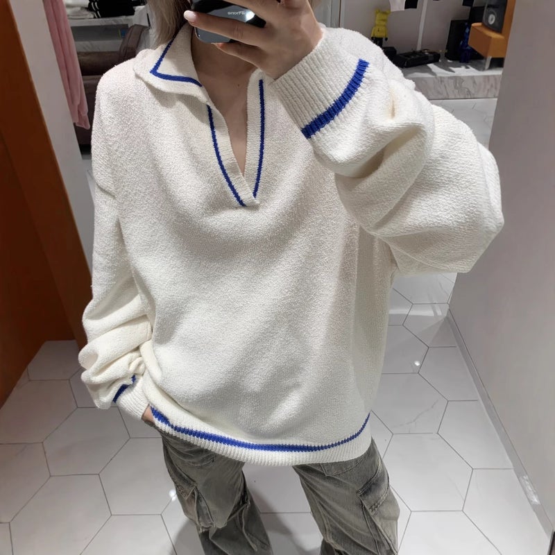 Long Sleeve Contrast Color Line Knitted Sweater Autumn New Top Base Shirt Casual Slimming Loose Sweater For Men And Women - Image 2
