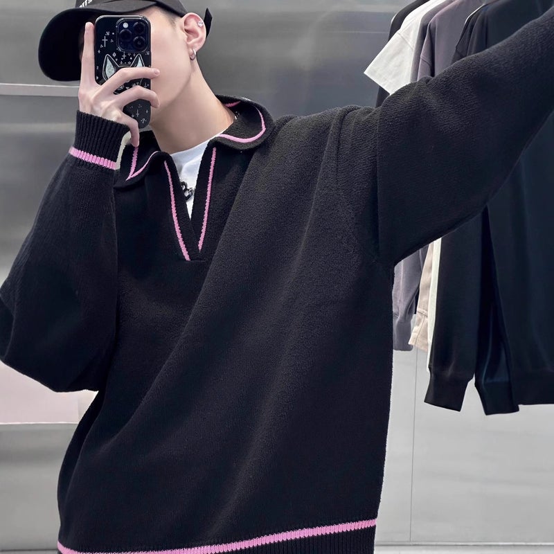 Long Sleeve Contrast Color Line Knitted Sweater Autumn New Top Base Shirt Casual Slimming Loose Sweater For Men And Women - Image 4