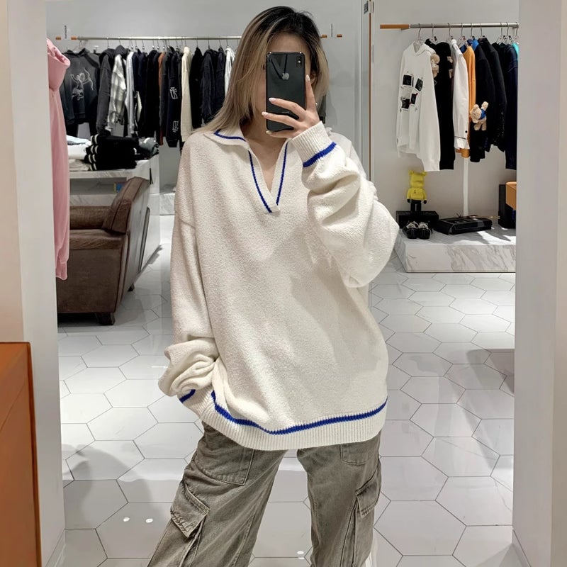 Long Sleeve Contrast Color Line Knitted Sweater Autumn New Top Base Shirt Casual Slimming Loose Sweater For Men And Women - Image 3