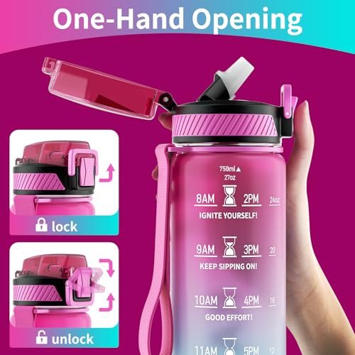 QLUR Water Bottle with Straw, 27oz Motivational Water Bottles with Time Marker to Drink, Tritan BPA Free, 750ml Sports Water Bottle with Carry Strap LeakProof for School Fitness Outdoor (1Pack) - Image 2