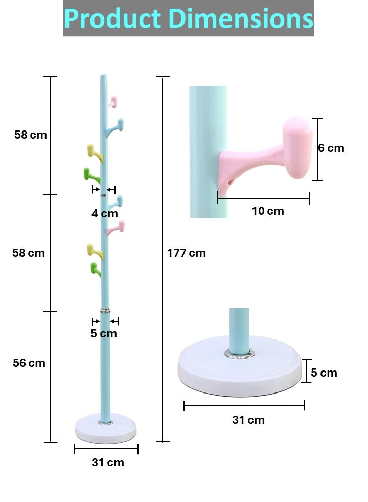 AFT Arfan Coat Rack Freestanding Clothing Hanger Home Racks, Metal Coat Stand with 8 Multi color Hooks, Easy Assembly in Entryway, Bedroom, hallway for Hat, bags, clothes, Umbrella etc. (Blue)  - Image 3