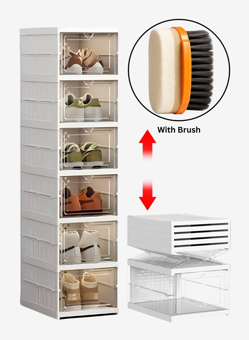 سوق التفاح الذهبي منظم أحذية شفاف بتصميم 6 طبقات مع فرشاة تنظيف الأحذية، صناديق أحذية قابلة للتكديس وقابلة للطي، رف أحذية شفاف بدون تركيب – خزانة أحذية محمولة للمنزل والخزانة والمدخل - Image 1
