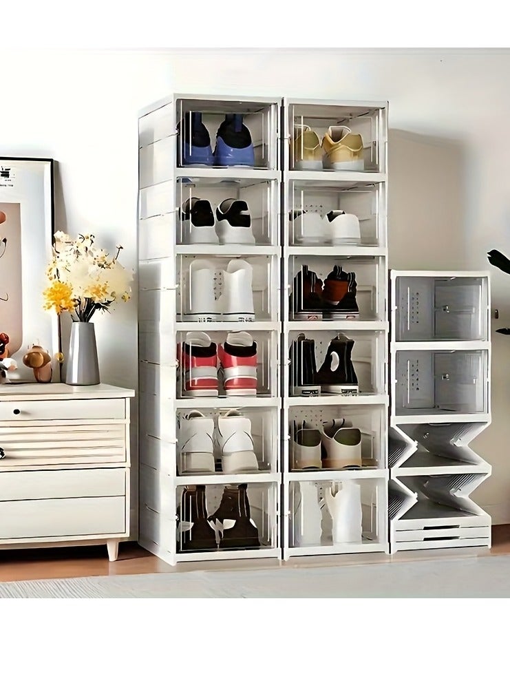 سوق التفاح الذهبي منظم أحذية شفاف بتصميم 6 طبقات مع فرشاة تنظيف الأحذية، صناديق أحذية قابلة للتكديس وقابلة للطي، رف أحذية شفاف بدون تركيب – خزانة أحذية محمولة للمنزل والخزانة والمدخل - Image 2