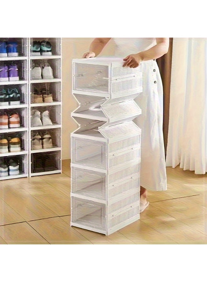 سوق التفاح الذهبي منظم أحذية شفاف بتصميم 6 طبقات مع فرشاة تنظيف الأحذية، صناديق أحذية قابلة للتكديس وقابلة للطي، رف أحذية شفاف بدون تركيب – خزانة أحذية محمولة للمنزل والخزانة والمدخل - Image 3