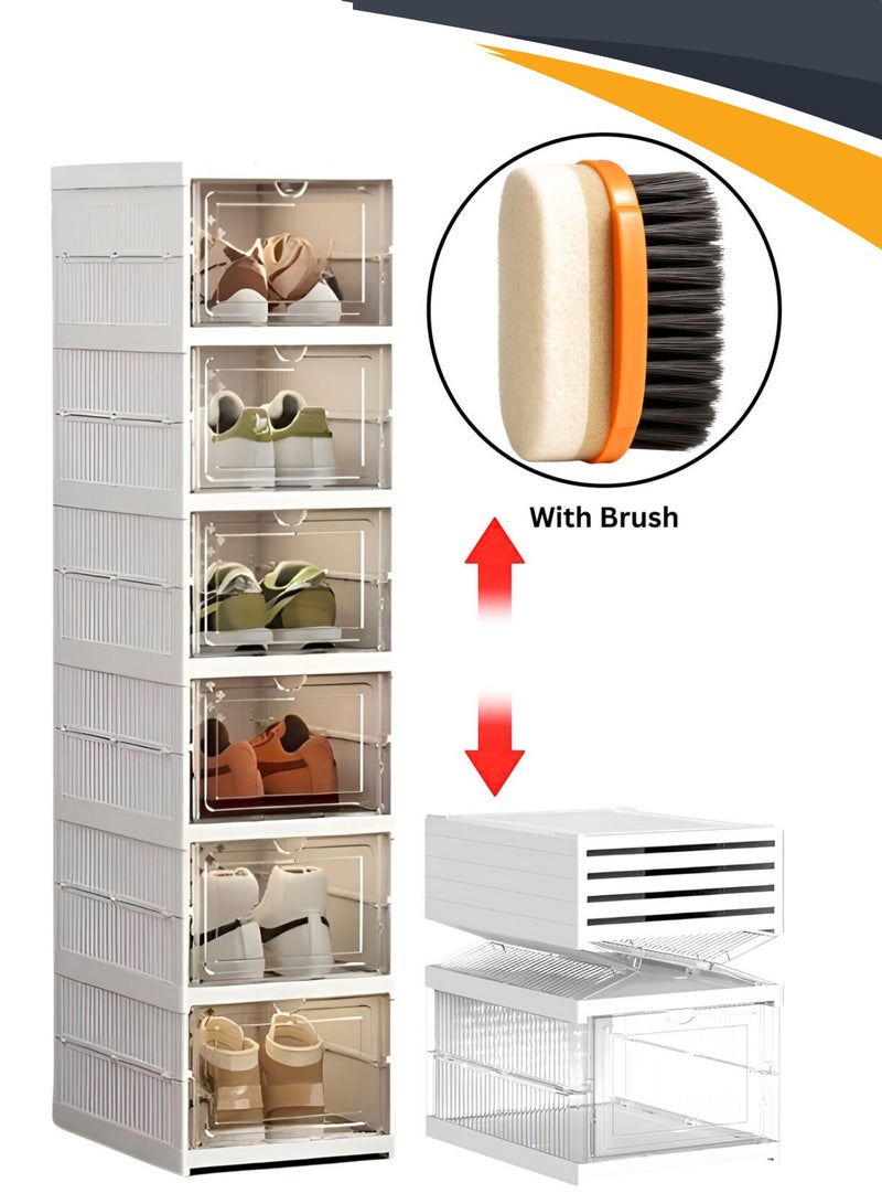 Golden Apple Market 6-Tier Clear Stackable Shoe Boxes, Foldable Transparent Shoe Storage Organizer with Cleaning Brush, Portable Installation-Free Shoe Cabinet for Home & Closet - Image 1