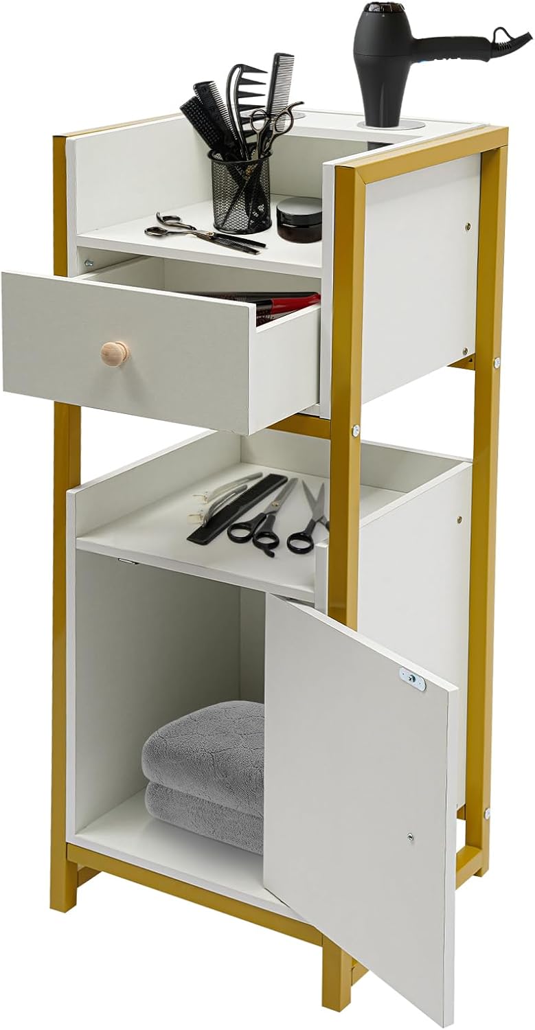 Multifunctional Beauty Salon Storage Rack, Large Capacity Storage Countertop Cosmetic Organizer, Tool Cabinet, 22 lb. Load Capacity, Barber Station with Drawers and Hair Dryer Racks (Gold) - Image 1