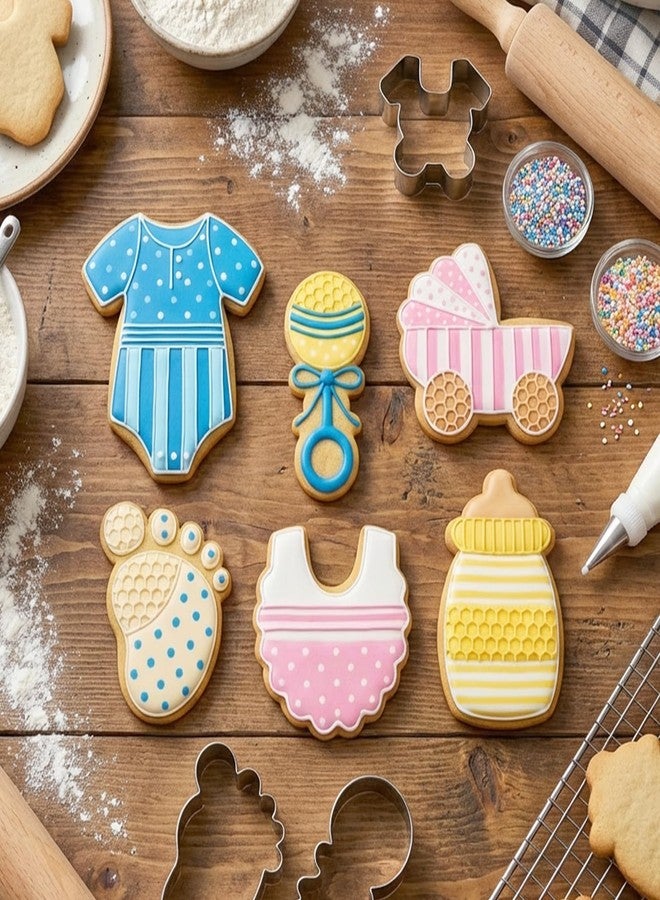 ElevateTech Baby Shower Cookie Cutters, 6 Pcs Baby Carriage, Onesie, Bib, Bottle, Rattle, Foot Biscuit Cutters Fondant Molds Stainless Steel Cookie Cutter for Baby-Shower Birthday Party - Image 5
