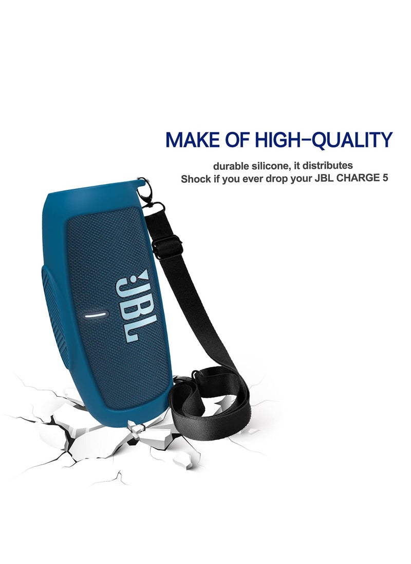 Generic Silicone Case Cover for JBL Charge 5 Speaker Travel Protective Carrying Gel Soft Skin Waterproof Rubber Pouch with Shoulder Strap(Blue)  - Image 4