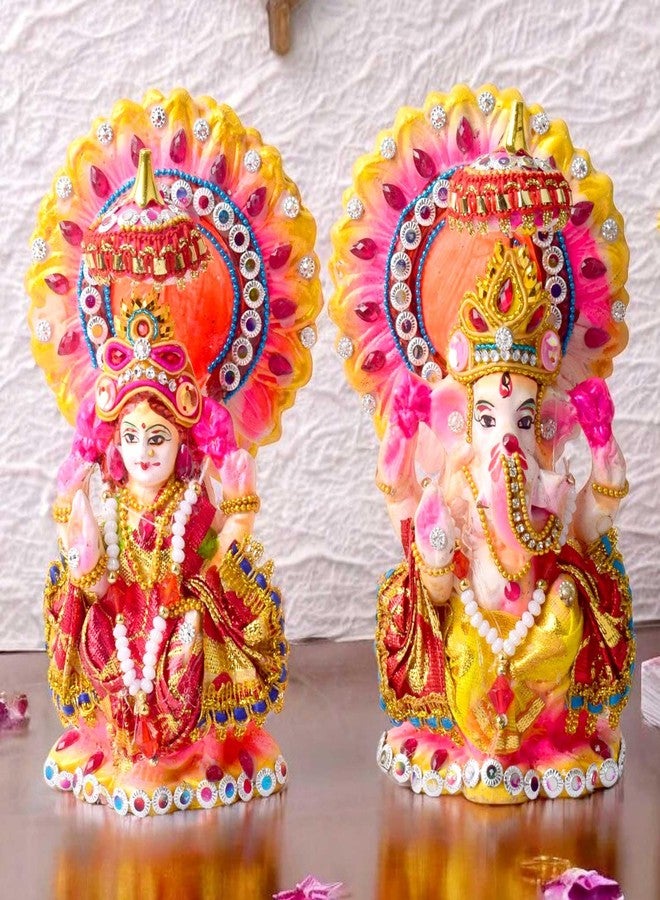 كرافتس مان مجموعة تماثيل لاكشمي غانيشا الجميلة المصنوعة يدويًا (6-6.5 بوصة) - تمثال طيني لامع مصنوع يدويًا، مثالي لتزيين المنزل، وطقوس ديوالي، وهدية روحية - Image 2