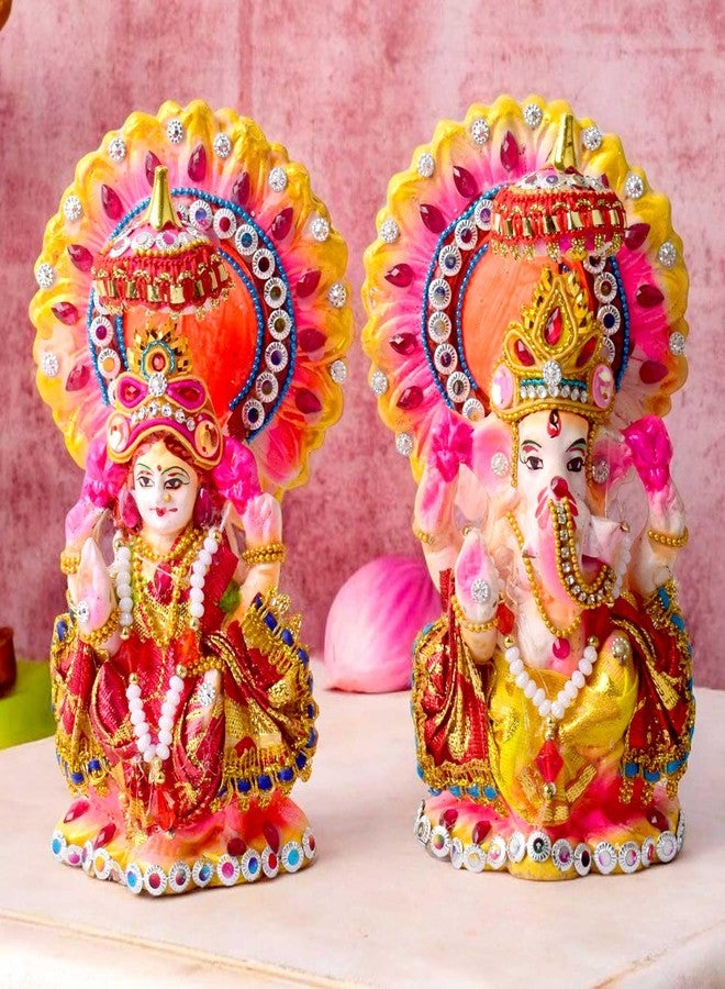 كرافتس مان مجموعة تماثيل لاكشمي غانيشا الجميلة المصنوعة يدويًا (6-6.5 بوصة) - تمثال طيني لامع مصنوع يدويًا، مثالي لتزيين المنزل، وطقوس ديوالي، وهدية روحية - Image 4