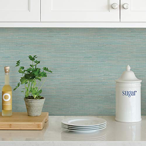 NuWallpaper NUS3337 Tibetan Faux Grasscloth Teal Peel & Stick Wallpaper, Blue - Image 3