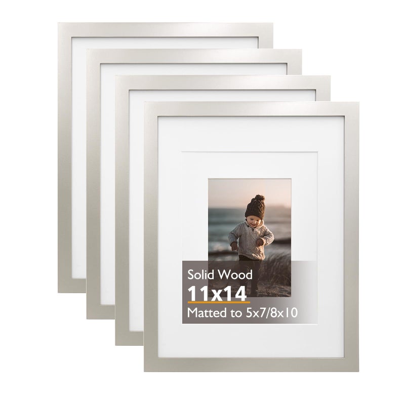 KINLINK 11x14 Picture Frame Light Grey Solid Wood Frames with Acrylic Plexiglass for Pictures 5x78x10 with Mat or 11x14 without MatTabletop and Wall Display Set of 4