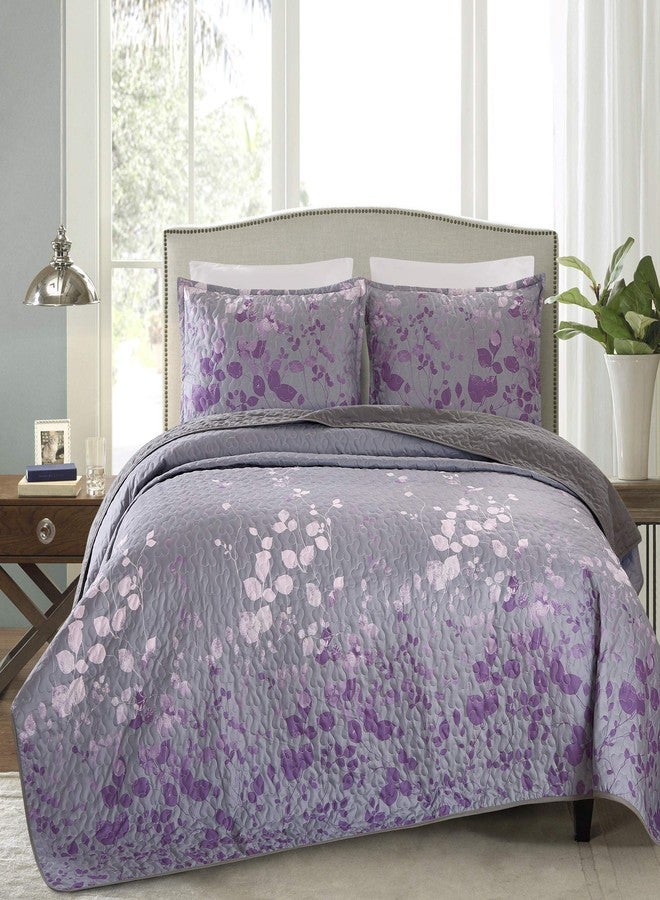 Masterplay 3-Piece Fine Printed Oversize (100" X 95") Quilt Set, Bedspread Coverlet Queen Size Bed Cover (Dark Grey, Purple Gradient, Vine) - Image 2