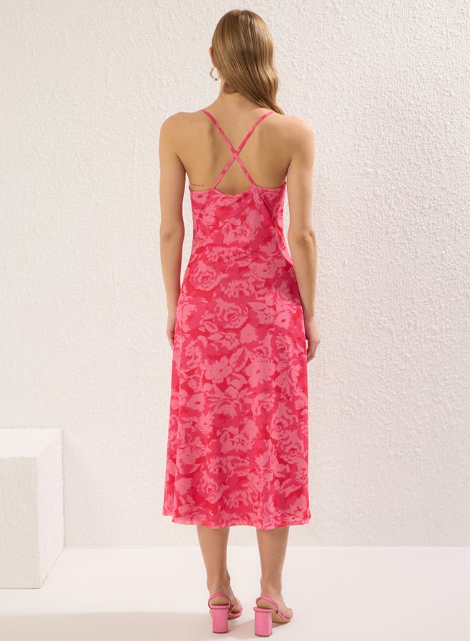 trendyol Pink Abstract Floral Degaje Neckline Slit a Line/Bell Cut Midi Knitted Dress - Image 4