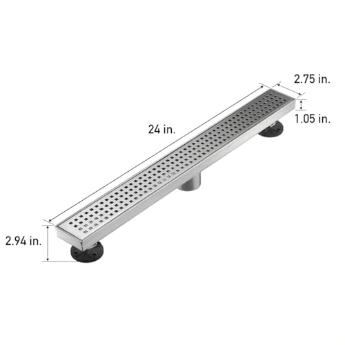 AVSIILE Linear Shower Floor Drain, Brushed Nickel 24 Inch 304 Stainless Steel Bathroom Drains Kit, Long Rectangular Shower Trench Drain with Square Pattern Drain Cover & Hair Catcher - Image 5