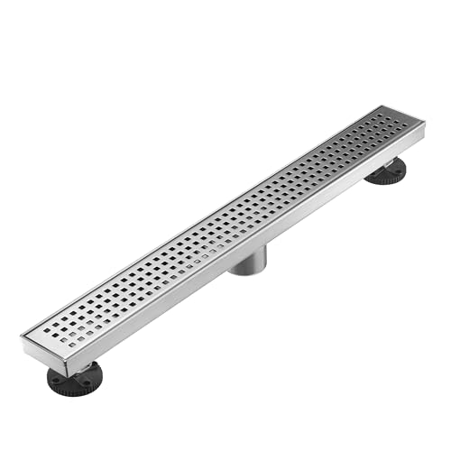 AVSIILE Linear Shower Floor Drain, Brushed Nickel 24 Inch 304 Stainless Steel Bathroom Drains Kit, Long Rectangular Shower Trench Drain with Square Pattern Drain Cover & Hair Catcher - Image 1