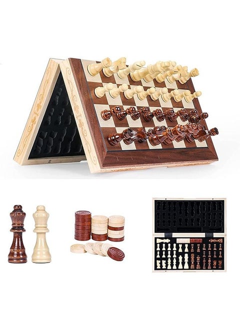 Magnetic Wooden Chess Set with Folding Chess Board, 15 Inch Portable Travel Chess Board Game Sets, Board Game for Adults and Kids with 24 Checkers Pieces Extra and 2 Extra Queens (Checkers and Chess 2 in 1)