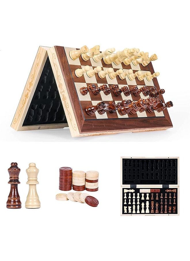 Arabest - Magnetic Wooden Chess Set with Folding Chess Board, 15 Inch Portable Travel Chess Board Game Sets, Board Game for Adults and Kids with 24 Checkers Pieces Extra and 2 Extra Queens (Checkers and Chess 2 in 1) - Image 1