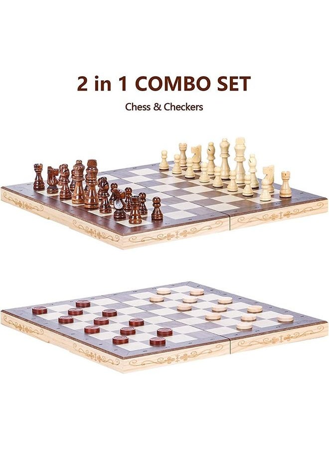 Arabest - Magnetic Wooden Chess Set with Folding Chess Board, 15 Inch Portable Travel Chess Board Game Sets, Board Game for Adults and Kids with 24 Checkers Pieces Extra and 2 Extra Queens (Checkers and Chess 2 in 1) - Image 1