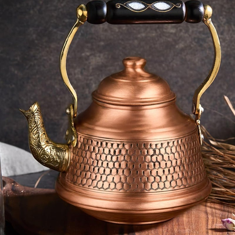Vissmarta Vintage 100% Pure Solid Copper Turkish Hammered TeaPot Tea Kettle Pot for Stovetop Stove Top Infuser Decorative Fancy Arabic Moroccan Party Serving Kitchen Antique Handmade Unique Style Gooseneck Gift - Image 1