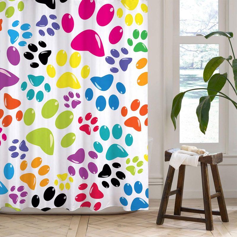 Paw Print Shower Curtain 72x72 Inch Waterproof Polyester No Liner Needed - Kids-Friendly Pet Themed Design Machine Washable with Rust-Resistant Grommets 12 Hooks for Kids Bathroom - Image 2