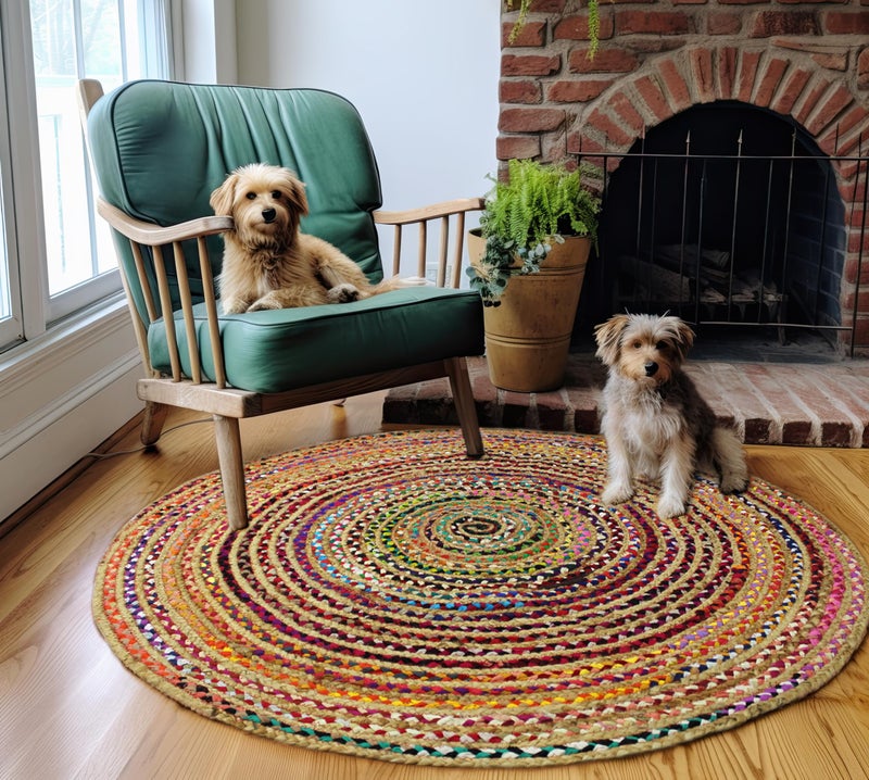 Cotton Craft سجادة جوت شندي من قطن كرافت - سجادة رمي بوهيمية ريفية - مصنوعة يدويًا وقابلة للعكس من القطن المعاد تدويره - ديكور منزلي لغرفة المعيشة أو الدراسة - هدية - 4 أقدام دائرية - متعددة الألوان - Image 4