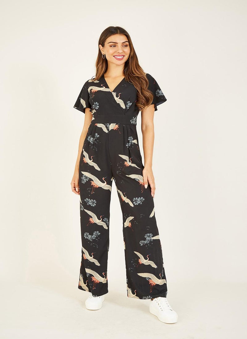 Yumi - Black Crane Print Angel Sleeve Jumpsuit - Image 1