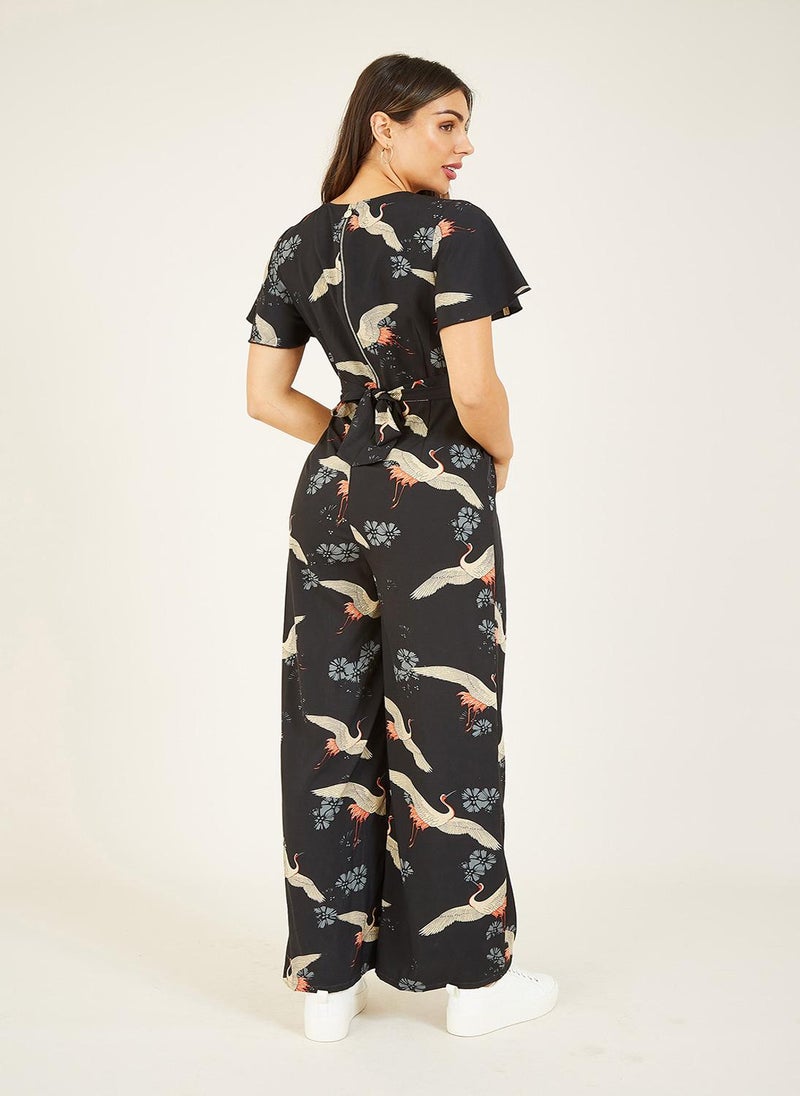 Yumi - Black Crane Print Angel Sleeve Jumpsuit - Image 1
