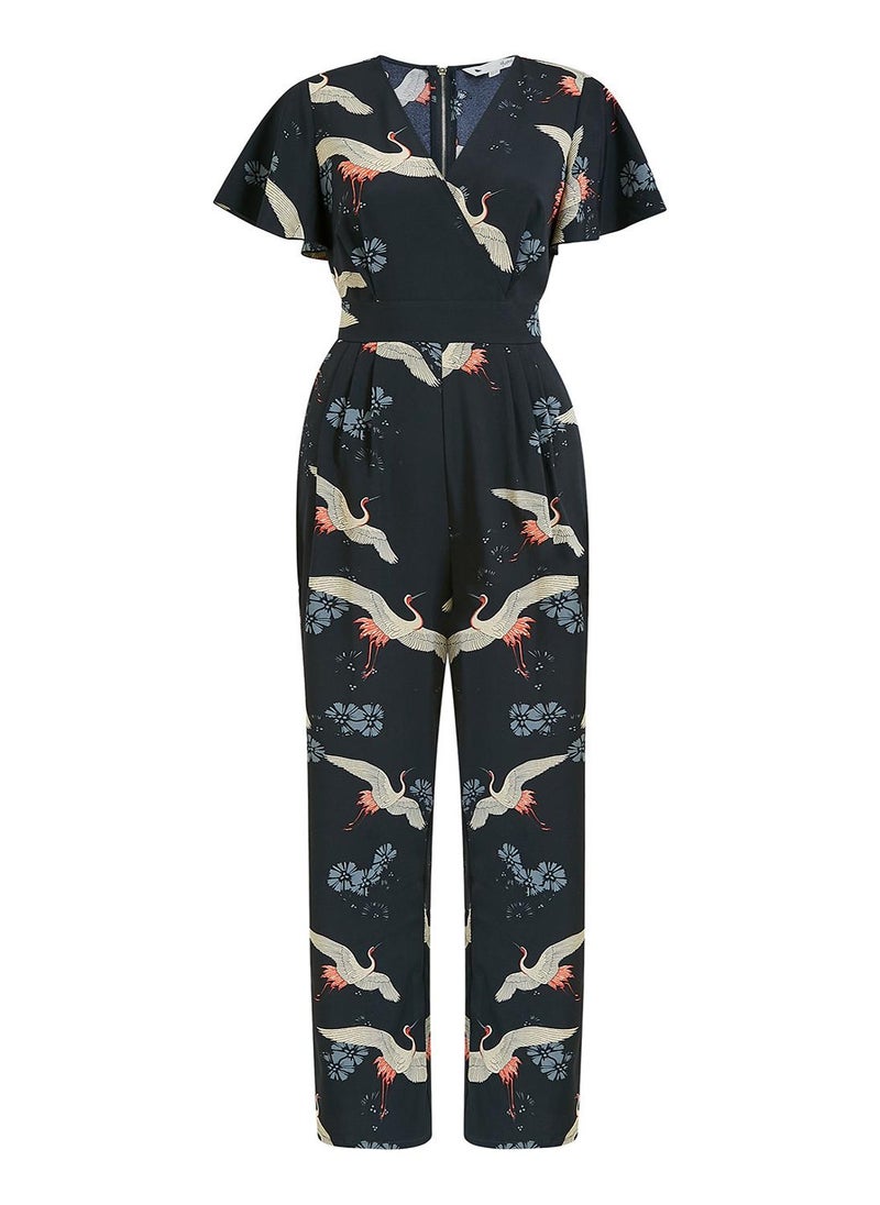 Yumi - Black Crane Print Angel Sleeve Jumpsuit - Image 1