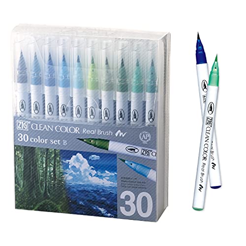 Kuretake ZIG Clean Color Real Brush, NEW 30 colors set B, Flexible Brush Tips, Watercolor Pens for Painting, Drawing, Calligraphy and Brush Lettering for Artists, Made in Japan - Image 1