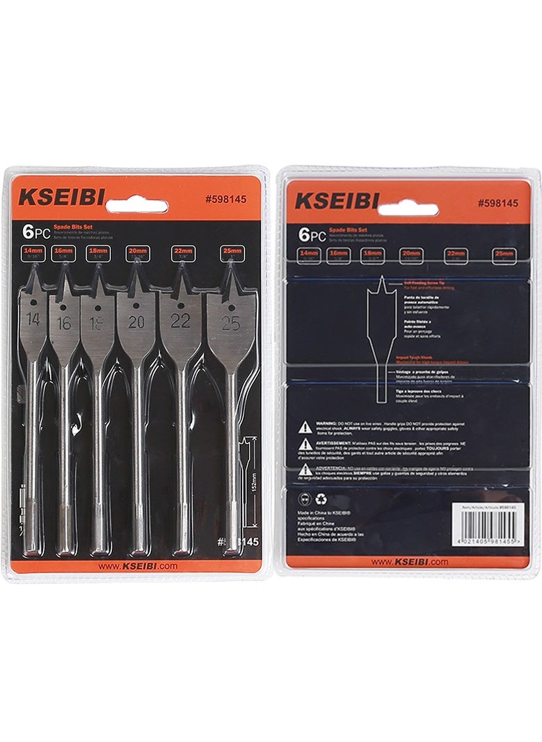 KSEIBI - Flat Spade Bits Set / 6PC, 6-PC SET-14.0-25.0MM, High Quality Tool Steel, Polished Woodworking Hole Cutter Carpenter Tool, For Fast Drilling Applications in Wood, Plywood, Particle Board, Fiberboard. - Image 1
