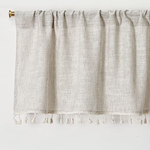 Oindec Boho Tassel Kitchen Valances for Windows Modern Farmhouse Cotton Linen Valance Curtains Topper Country Rustic Bathroom Small Window Treatment Bohemian Decor (55x15 inch, Natural) - Image 2
