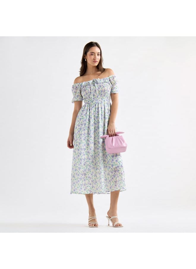 All-Over Floral Print A-line Dress with Ruffles and Shirred Detail - pzsku/ZD678D8797323E17C4413Z/45/_/1728433117/d4749b0d-dce8-4e54-a4db-d1844a7bde1c