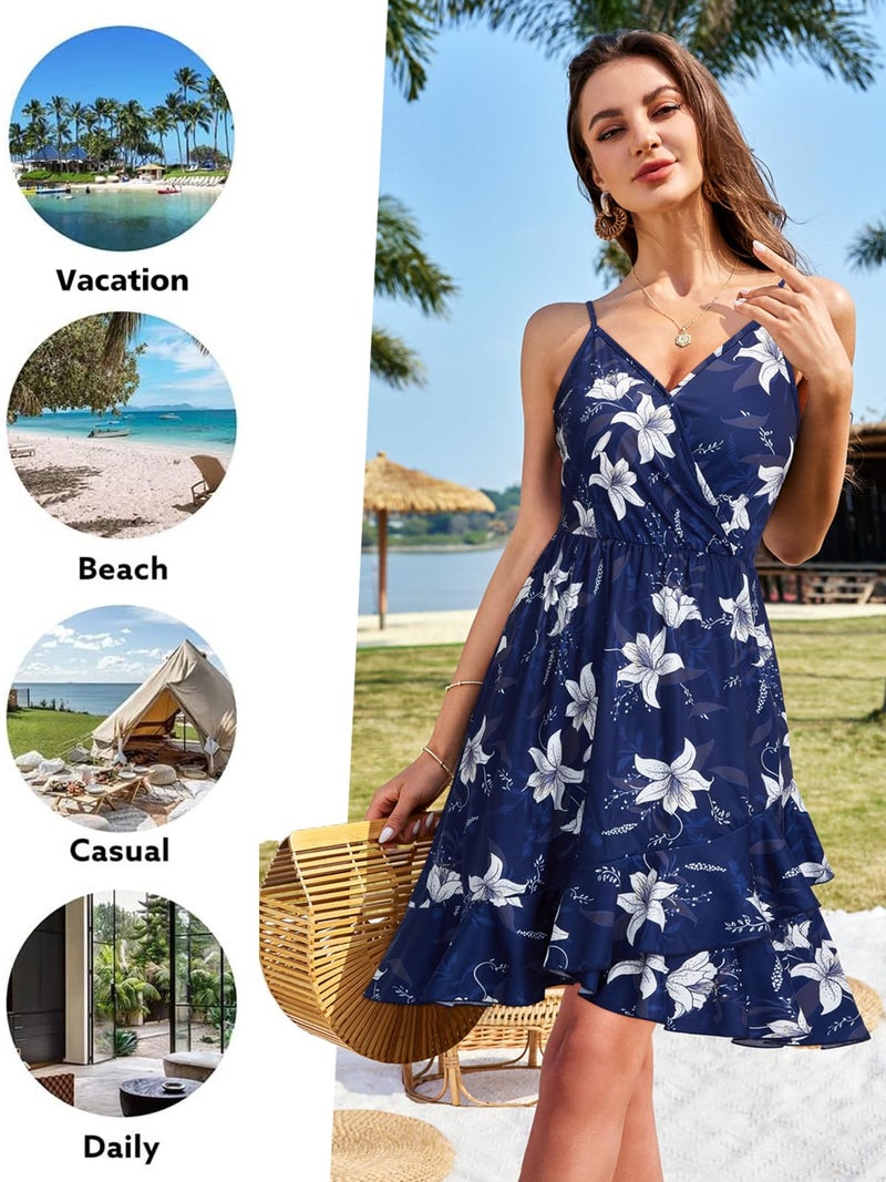 ULTRANICE Summer Dresses Womens 2025 Sun Dresses Women Casual Spring Sundress Floral Flowy Wrap Beach Vacation Outfits Clothing V Neck Ruffle Hem Spaghetti Strap Dress(Blue White Floral,M) - Image 3