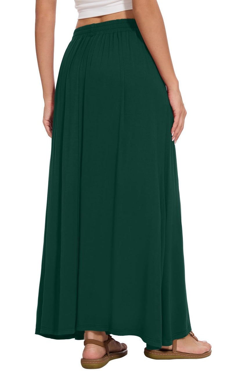 Leafsay Womens Maxi A-line Long Summer Skirt Elastic High Waist Flowy Skirt with Pockets(Dark Green,L) - Image 3