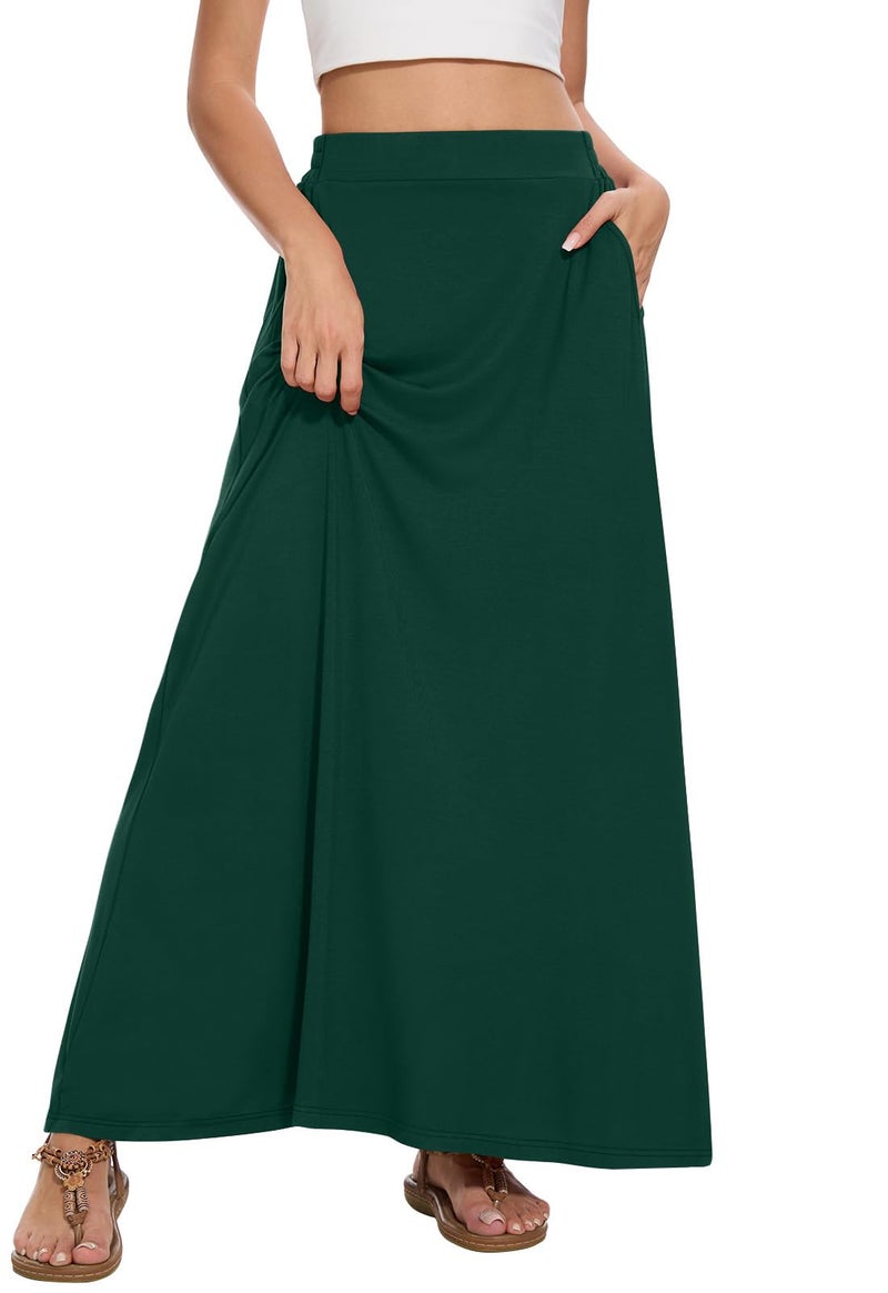 Leafsay Womens Maxi A-line Long Summer Skirt Elastic High Waist Flowy Skirt with Pockets(Dark Green,L) - Image 2