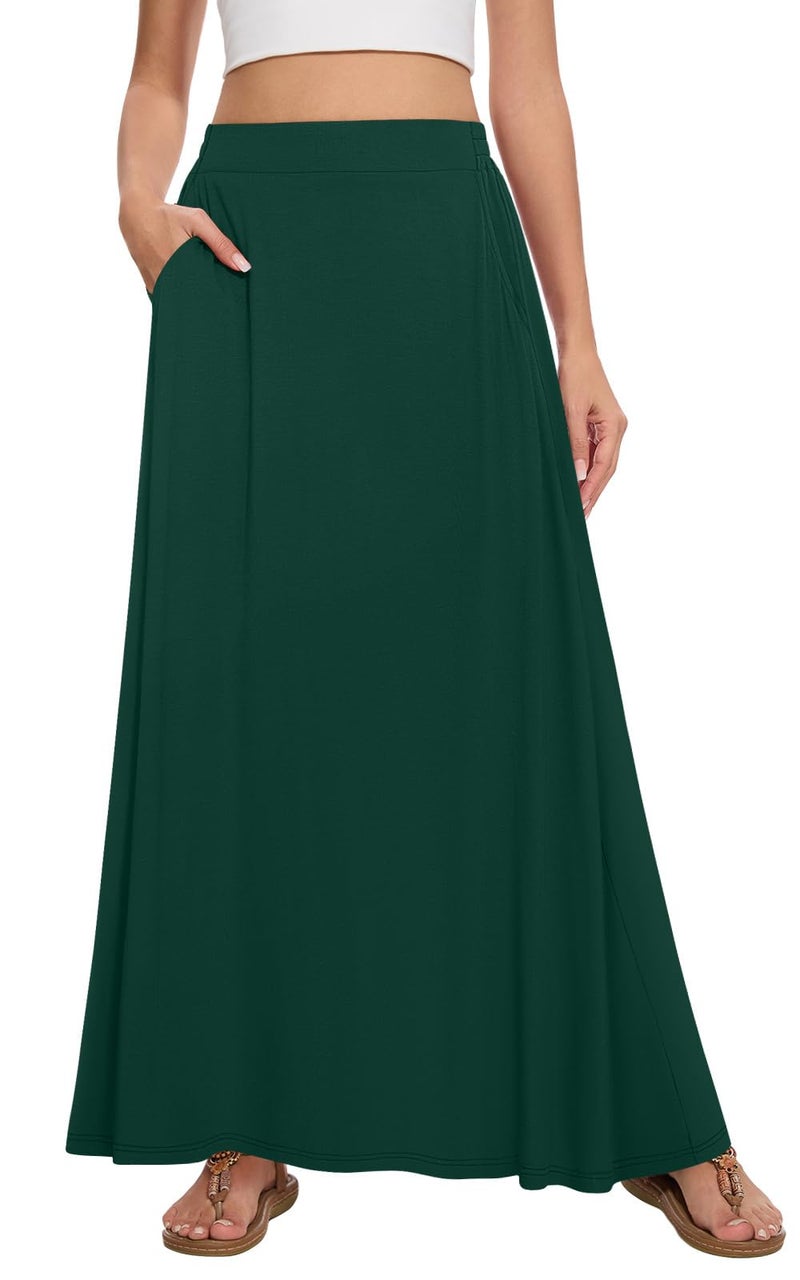 Leafsay Womens Maxi A-line Long Summer Skirt Elastic High Waist Flowy Skirt with Pockets(Dark Green,L) - Image 1