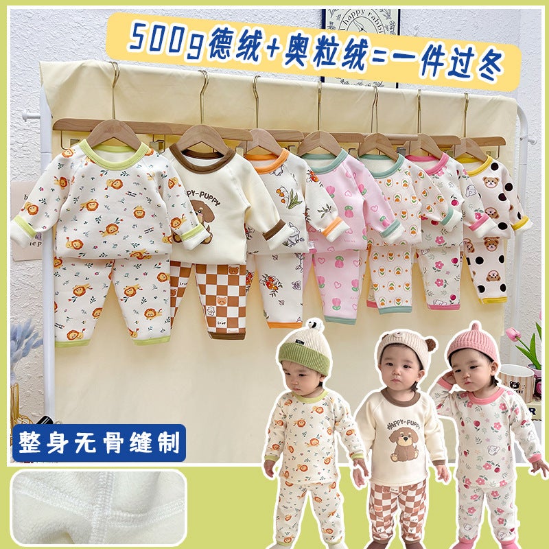 Class A baby infant boneless underwear suit autumn and winter de Velvet thickened autumn clothes long pants childrens homewear Pink Bunny - Image 2