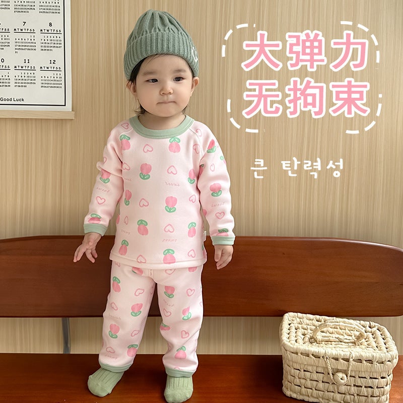 Class A baby infant boneless underwear suit autumn and winter de Velvet thickened autumn clothes long pants childrens homewear Pink Bunny - Image 5
