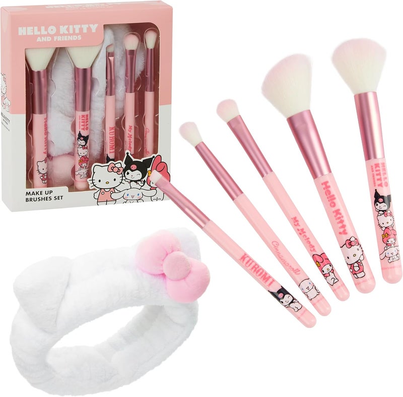 Hello Kitty Makeup Brush Set of 5 Kawaii Fluffy Makeup Headband Women Teens Girls Powder Brush Eyeshadow Brush Beauty Set Anime Cute Gifts