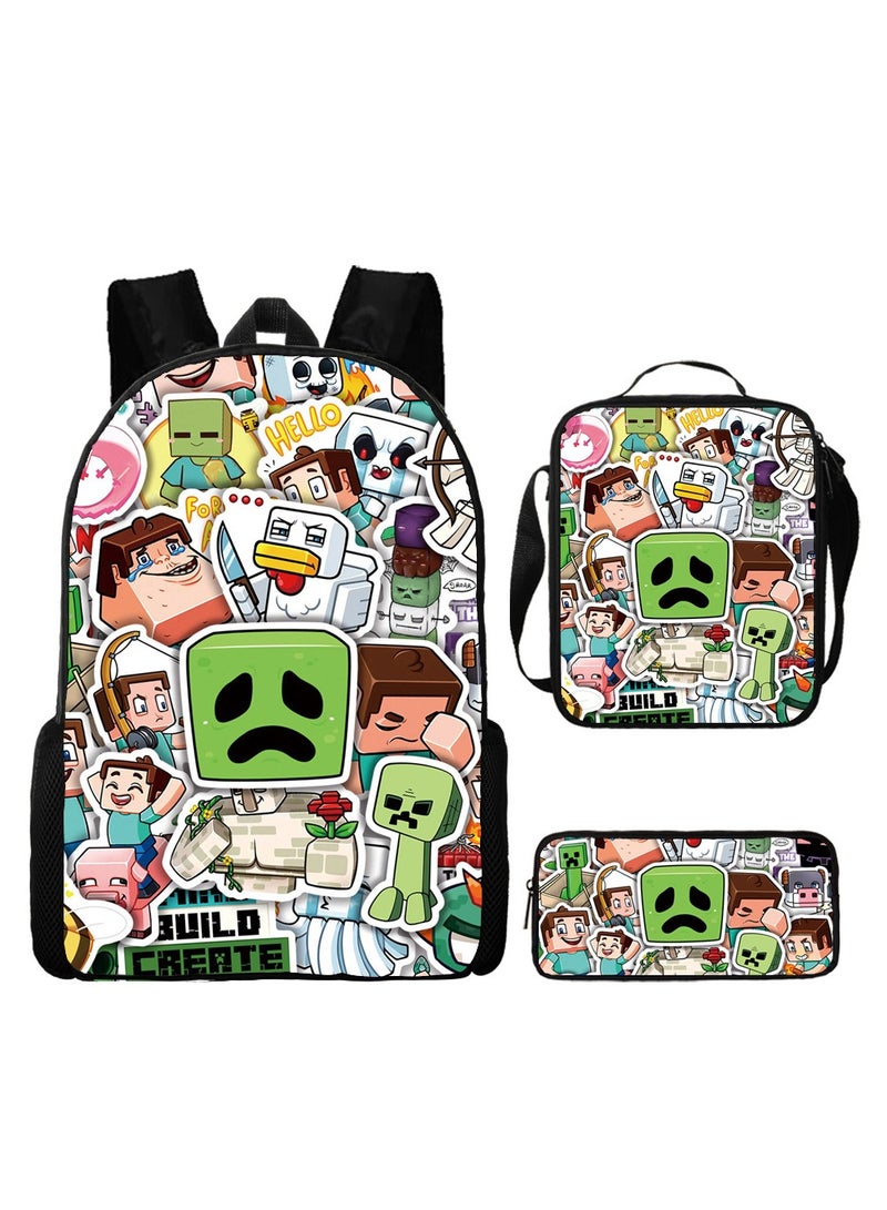 ماين كرافت حقيبة ظهر ذات طباعة رقمية ذات سعة كبيرة، مجموعة من ثلاث قطع، حقيبة غداء، حقيبة قلم، بوليستر، حقيبة ظهر مريحة لتقليل الحمل للطلاب والأطفال للجنسين - Image 1