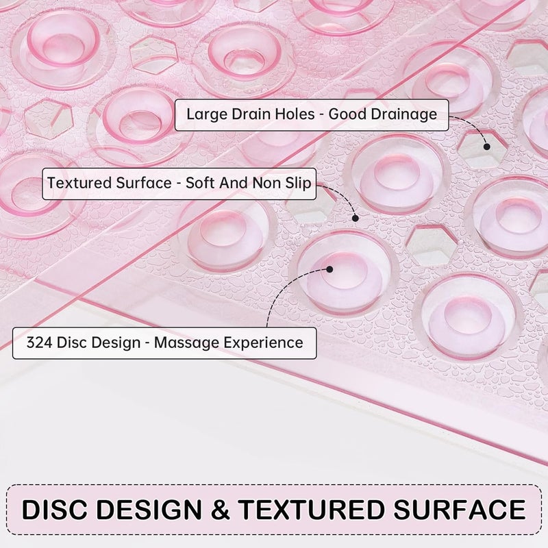 Linoows Non-Slip Bathtub and Shower Mats, Power Grip Bath Mat 35 x 16.3 Inch with Suction Cups and Drain Holes for Tub Bathroom Floor Safety, Machine Washable Soft Bathmat, Clear Pink - Image 2
