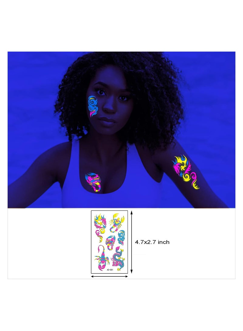 Excefore 10 Sheets Neon Temporary Tattoos Glow In The UV Neon Tattoos Stickers 61 Glitter Styles Dragon Scorpion Spider Cool Fake Waterproof Tattoos for Men Women Party Decoration  - Image 5