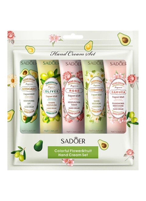 Hand cream set consisting of 5 pieces with extracts of fruits and colorful flowers to moisturize the hands