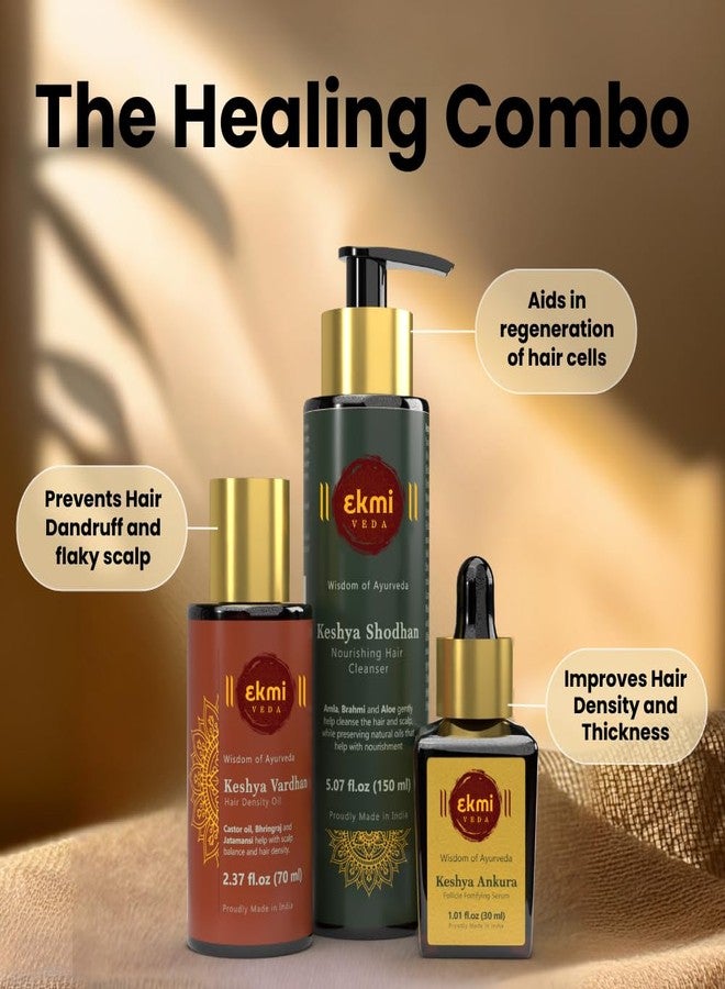 EKMIVEDA Hair Growth Set With Ayurvedic Herbs - Bhringraj, Castor, Amla, Rosemary for Hair Growth. Sulfate Free Hair Thickening Products, 3 Pcs - Oil, Shampoo & Redensyl Serum, 8.45 Fl Oz - Image 3