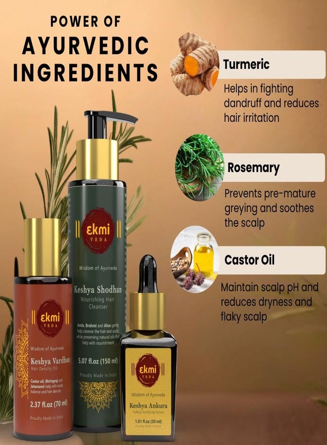 EKMIVEDA Hair Growth Set With Ayurvedic Herbs - Bhringraj, Castor, Amla, Rosemary for Hair Growth. Sulfate Free Hair Thickening Products, 3 Pcs - Oil, Shampoo & Redensyl Serum, 8.45 Fl Oz - Image 4